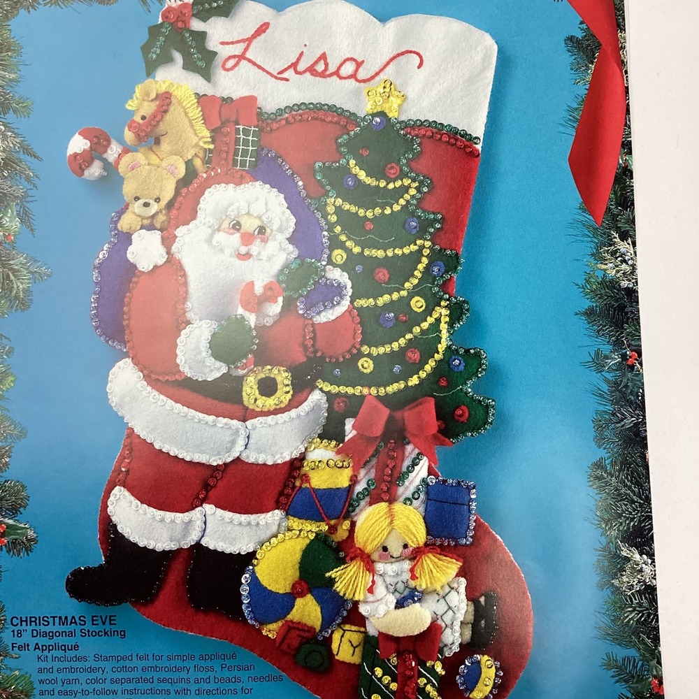 Vintage 1994 Bucilla New Christmas Eve Felt Stocking Kit 83114 Santa 18" - Picture 3 of 7